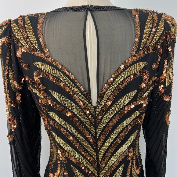 Cache Vintage Silk Fully Beaded Sequin Black Mini Dress Long Sleeve S/M - Picture 7 of 10